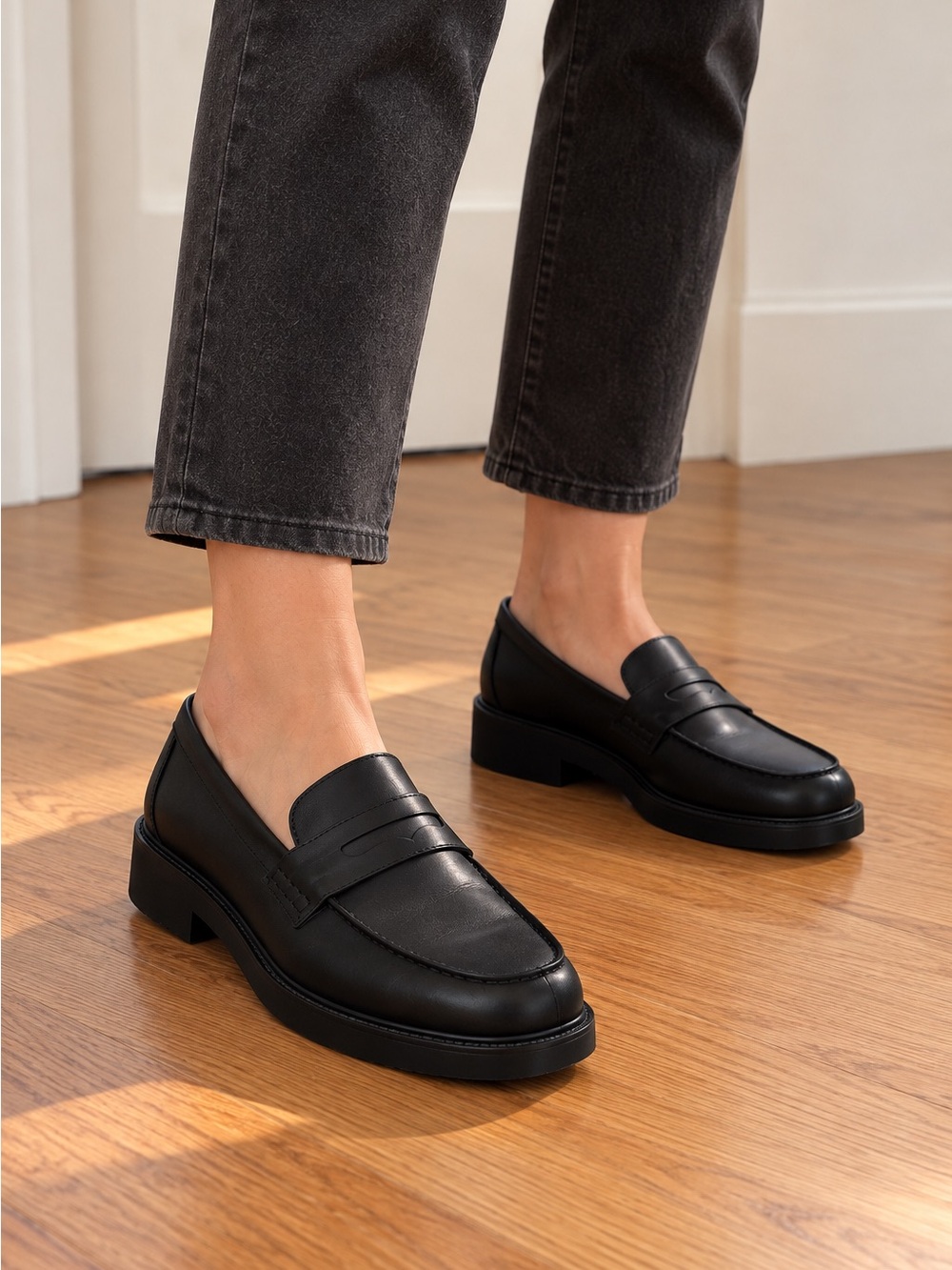 Aldo Black Leather Penny Loafers with Low Block Heel